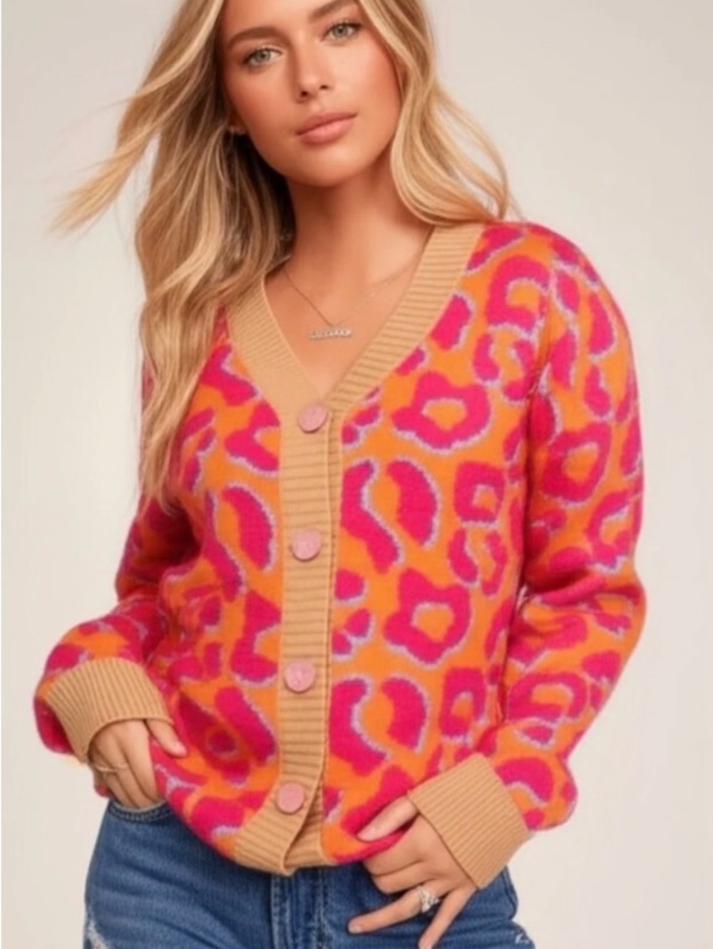 Vibrant Pink & Orange Leopard Print V-Neck Cardigan Sweater
